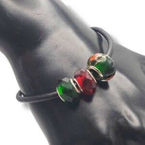 Black Cord Green Gold Orange Art Glass Faceted Acrylic Bead Bracelet